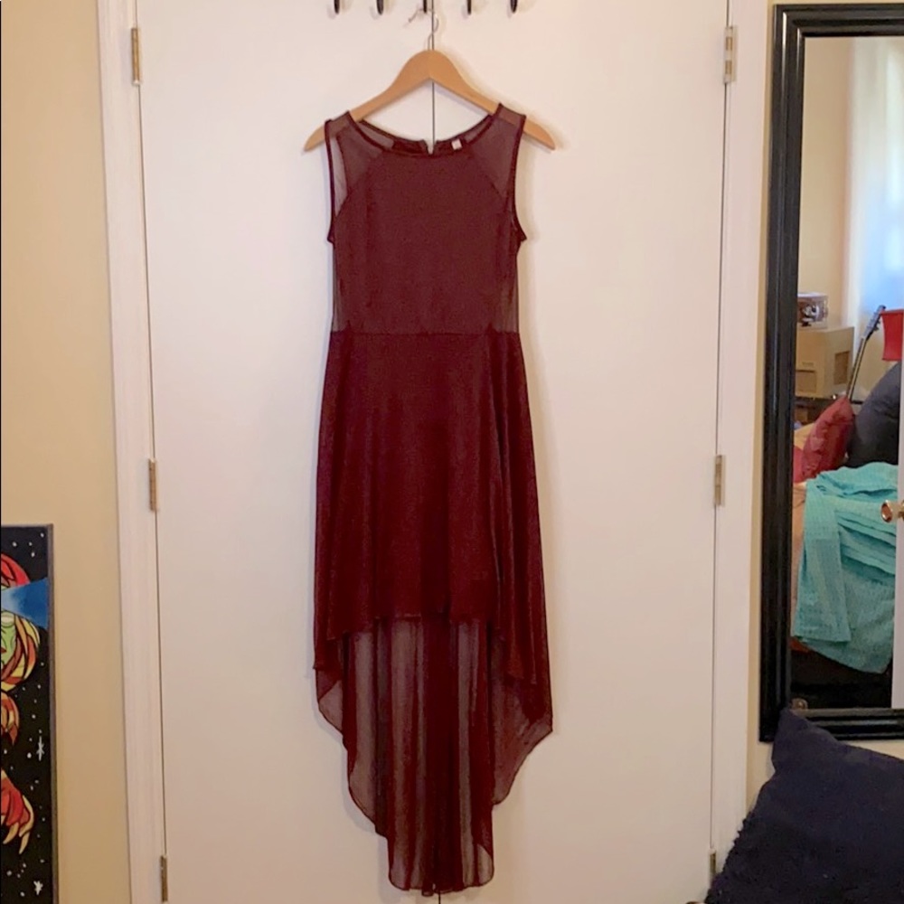 Burgundy sheer long drop back dress